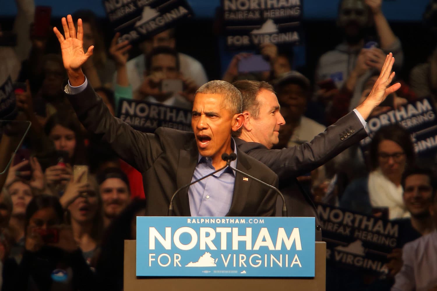 Former President Barack Obama speaking at a political rally in Richmond, Virginia.