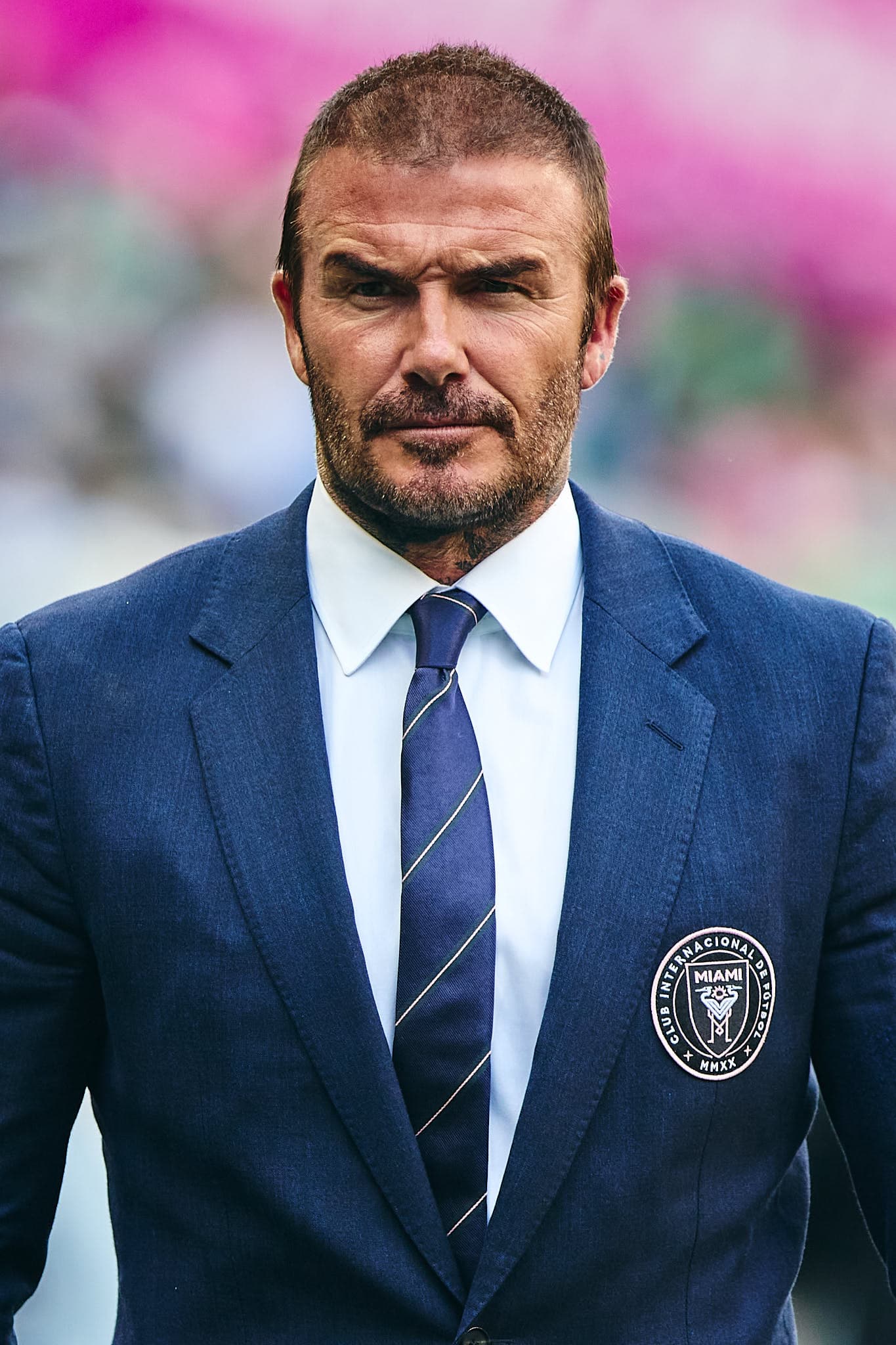 Inter Miami CF president and co-owner David Beckham is seen wearing a full suit with the Inter Miami team crest hewn into the brest of the jacket prior to the Leagues Cup Final at Lumen Field.