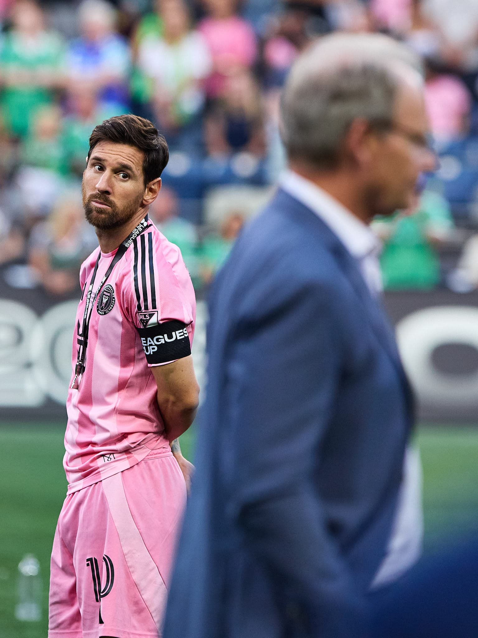 Inter Miami CF midfielder Lionel Messi glances at Seattle Sounders FC head coach following his team's loss in the matchup between the Seattle Sounders FC and the Inter Miami CF at the Leagues Cup Final at Lumen Field.
